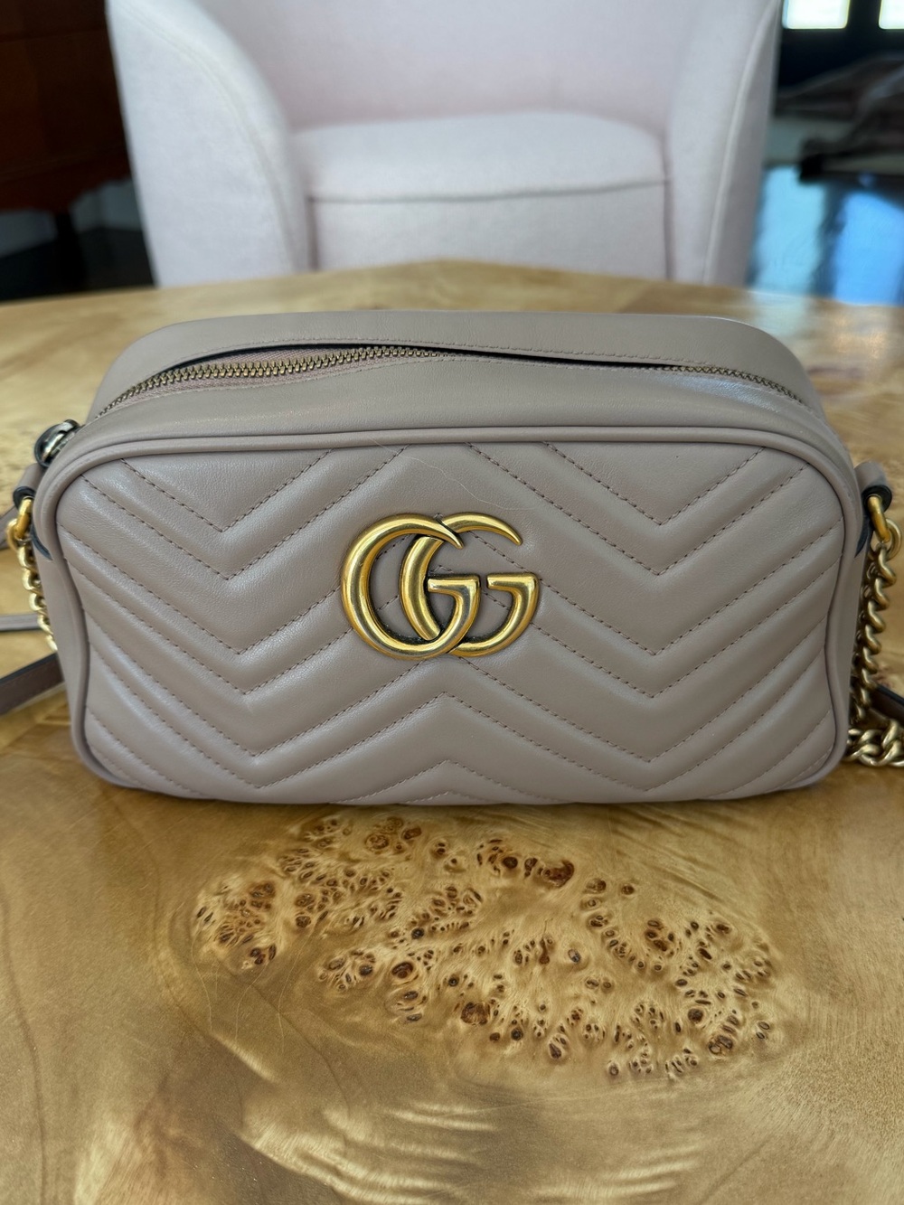 Gucci Taupe Chevron GG Marmont Leather Crossbody Bag